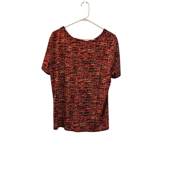 Kim Rogers Blouse Womens Size XL Red Orange Black Print Scoop Neck Grommet Trim - Picture 2 of 3